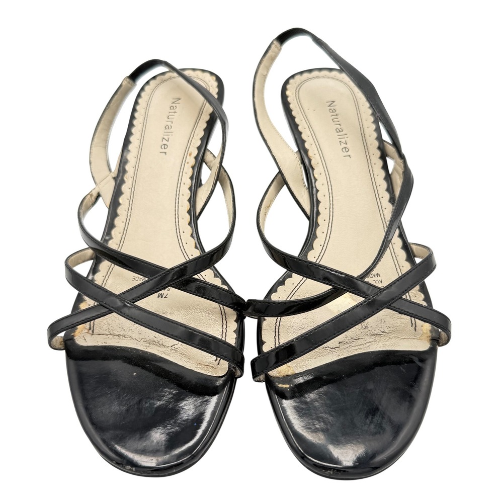 Naturalizer Strappy Sandals Womens 7M Black Fair Patent Kitten Heel Slingback